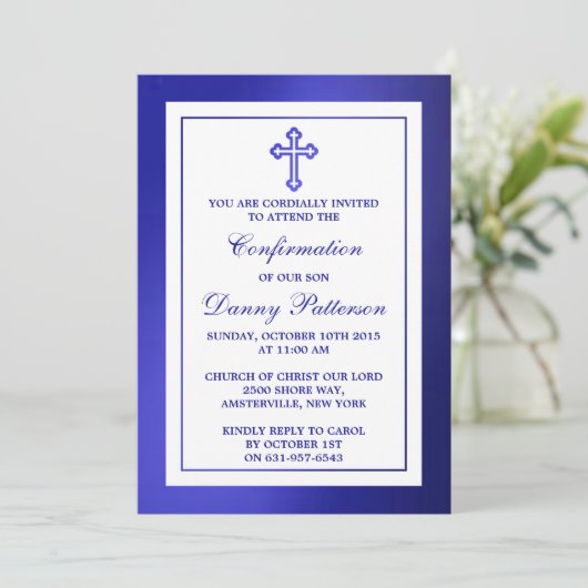 Metallic Blue Cross Heilige Kommunion oder Bestäti Einladung (Stehend Vorderseite)
