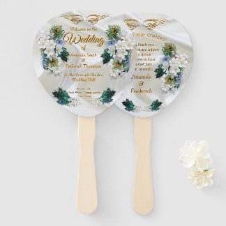 Metallic Blue-green Peacocks on white Silk Fächer