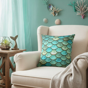 Metallic Blue Mermaid Scales Decorative Pillow Kissen