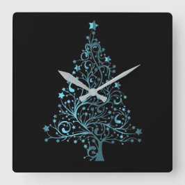 Metallic Blue Stars Christmas Tree Elegant Black Quadratische Wanduhr