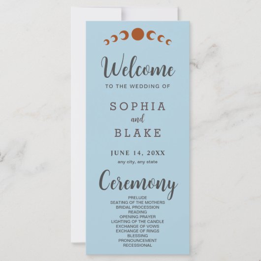 Metallic Bronze Moon Phases Blue Wedding Program (Vorderseite)