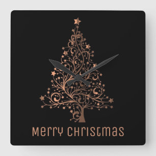 Metallic Brown Stars Christmas Tree Elegant Black Quadratische Wanduhr