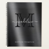 Metallic Brushed Black Monogram Elegant Script Planer (Vorderseite)