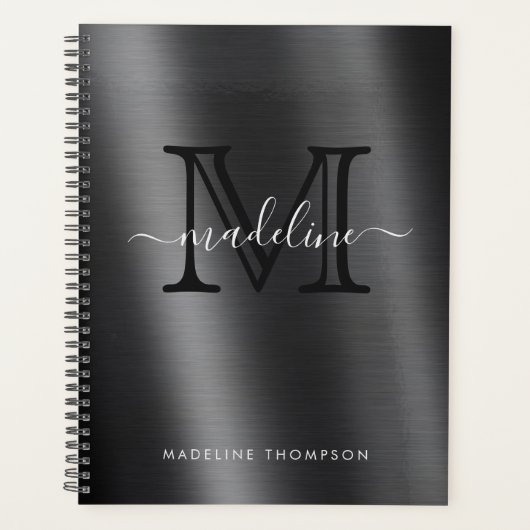 Metallic Brushed Black Monogram Elegant Script Planer (Vorderseite)