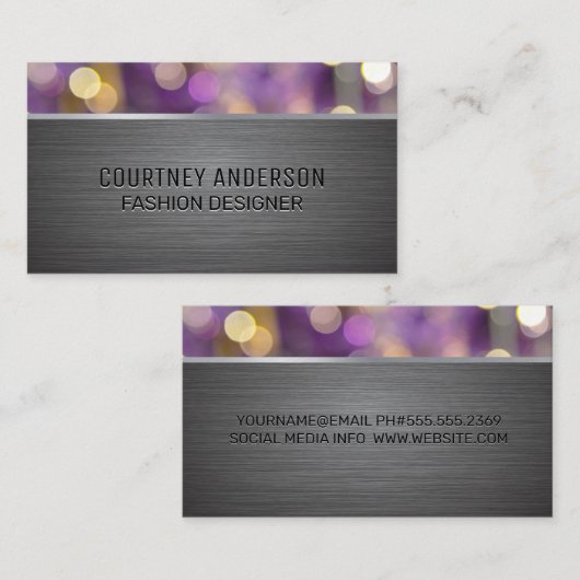 Metallic Brushed | Lila Bokeh Lights Visitenkarte (Vorne/Hinten)