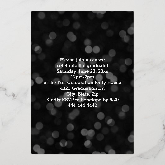 Metallic Confetti Foto Abschluss Folieneinladung (Rückseite)
