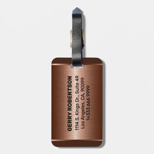 Metallic copper texture personalized black text gepäckanhänger (Rückseite vertikal)