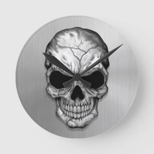 Metallic Crystal Skull on Stainless Steel Effect Runde Wanduhr