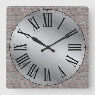 Metallic Face/Brick Wall Background Roman Numeral Quadratische Wanduhr