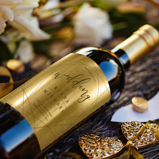 Metallic Geometric Wedding Gold ID648 Weinetikett