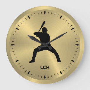 Metallic Gold Black Baseball Player Silhouette Große Wanduhr