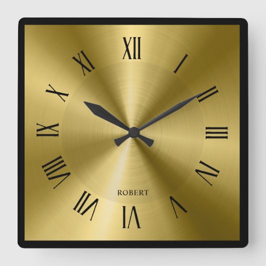 Metallic Gold & Black Border Roman Numerals Quadratische Wanduhr (Vorderseite)
