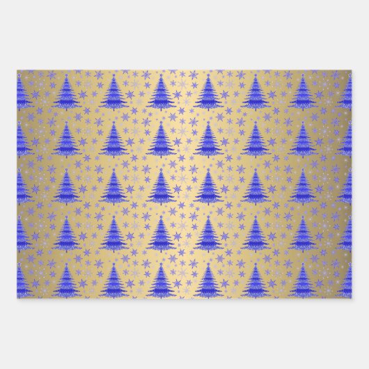 Metallic Gold Blue Christmas Trees Muster Geschenkpapier Set (Vorderseite 3)