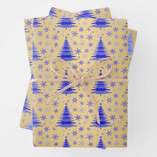 Metallic Gold Blue Christmas Trees Muster Geschenkpapier Set