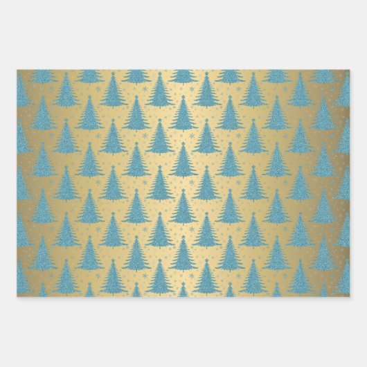 Metallic Gold Christmas Trees Green Blue Glitzer Geschenkpapier Set (Vorderseite 2)