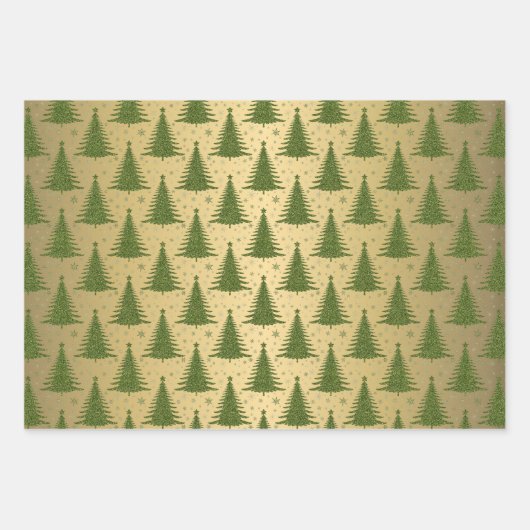 Metallic Gold Christmas Trees Green Blue Glitzer Geschenkpapier Set (Vorderseite)