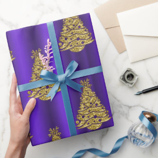 Metallic Gold Christmas Trees on Purple Christmas Geschenkpapier