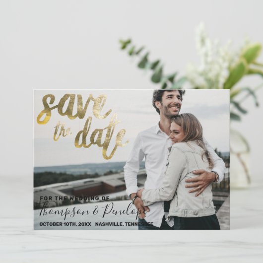 Metallic Gold Foil Elegante Hochzeit Save The Date (Stehend Vorderseite)