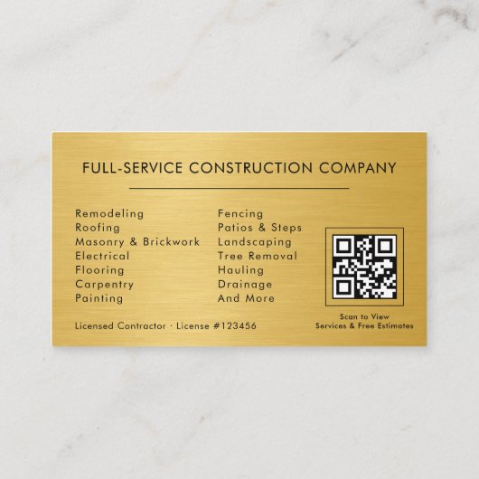 Metallic Gold General Contractor QR Code Visitenkarte (Rückseite)