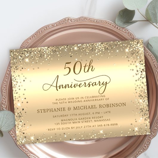  Metallic Gold Glitter 50th Wedding Anniversary Einladung