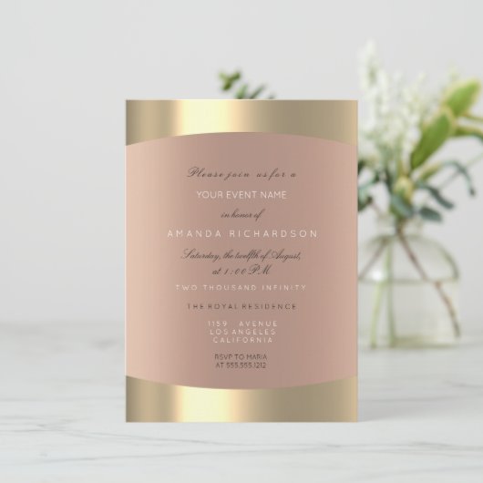 Metallic Gold Schwarz-weiß Minimal Sepia Rose Blus Einladung (Stehend Vorderseite)