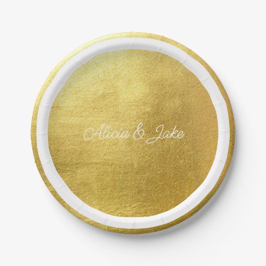 Metallic Gold White Script Names Wedding Pappteller (Vorderseite)