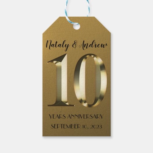 Metallic golden 10. Hochzeitstag Geschenkanhänger (Vorderseite)