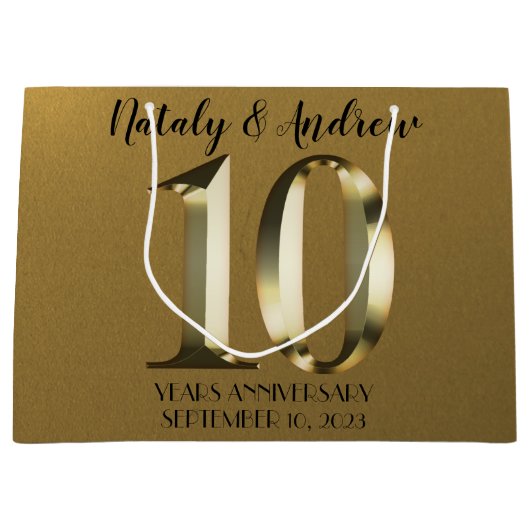 Metallic golden 10. Hochzeitstag Große Geschenktüte (Vorderseite)