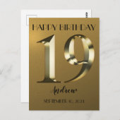 Metallic golden 19. Geburtstag Postkarte (Vorne/Hinten)
