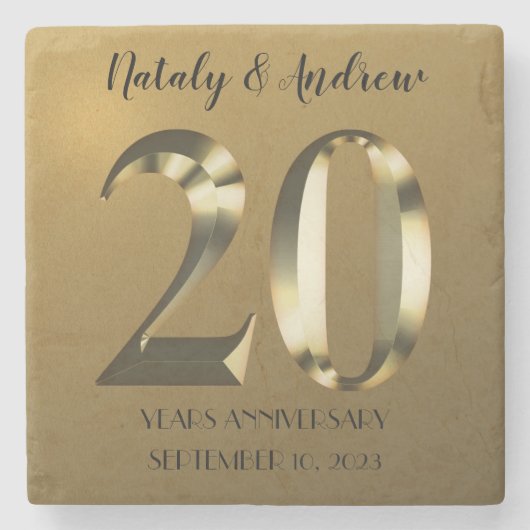 Metallic golden 20. Hochzeitstag Steinuntersetzer (Vorderseite)