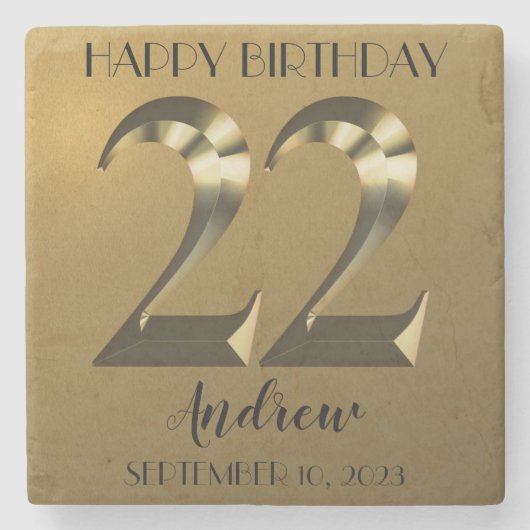 Metallic golden 22. Geburtstag Steinuntersetzer (Vorderseite)