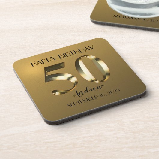 Metallic golden 50. Geburtstag Getränkeuntersetzer (Linke Seite)