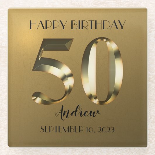 Metallic golden 50. Geburtstag Glasuntersetzer (Vorderseite)