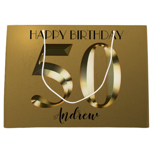Metallic golden 50. Geburtstag Große Geschenktüte (Vorderseite)