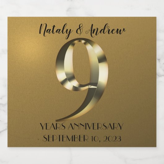 Metallic golden 9. Hochzeitstag Schaumweinetikett (Einzelnes Label)