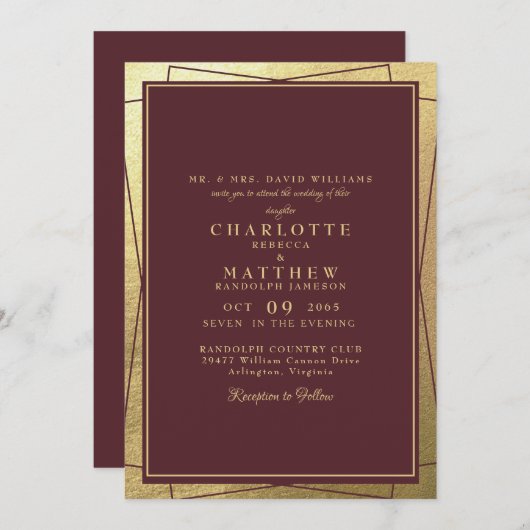Metallic Golden Elegance & Burgund Wedding Einladung (Vorne/Hinten)