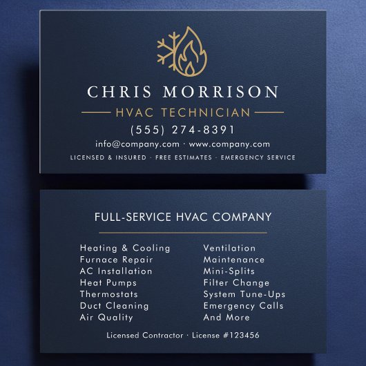 Metallic HVAC Navy Blue Gold Modern Visitenkarte