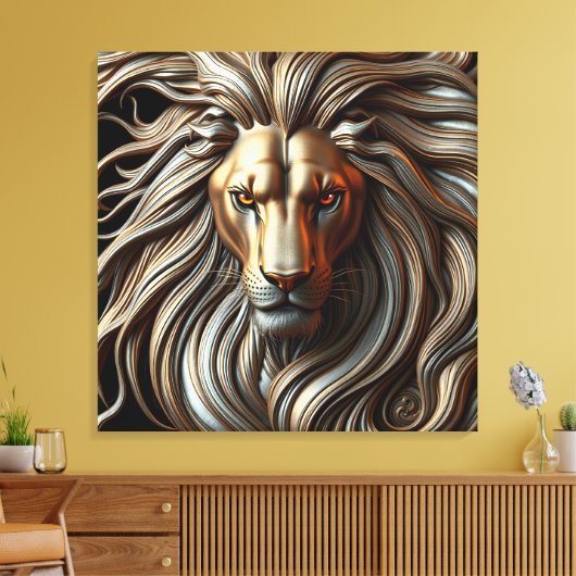 Metallic Lion Head with Fiery Eyes and Gold Mane Leinwanddruck (Insitu (Wohnzimmer))