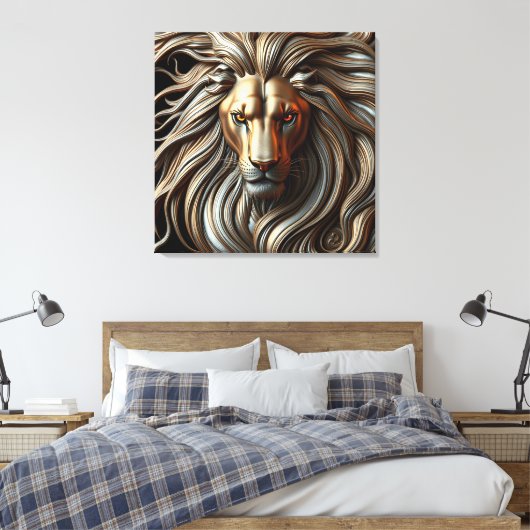 Metallic Lion Head with Fiery Eyes and Gold Mane Leinwanddruck (Insitu (Schlafzimmer))