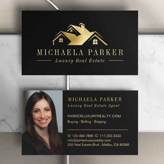 Metallic Luxury Real Estate Agent Black Gold Visitenkarte
