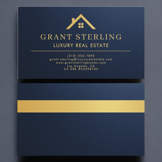 Metallic Luxury Real Estate Agent Navy Blue Gold Visitenkarte