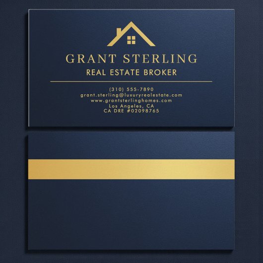 Metallic Navy Blue Gold House Real Estate Broker Visitenkarte