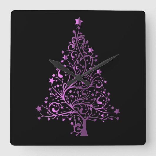 Metallic Pink Black Stars Weihnachtsbaum Elegant Quadratische Wanduhr (Vorderseite)