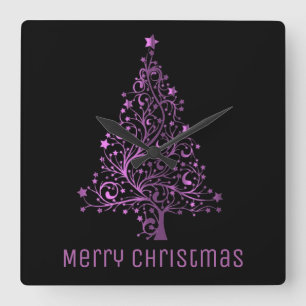 Metallic Pink Stars Weihnachtsbaum Elegantes Schwa Quadratische Wanduhr