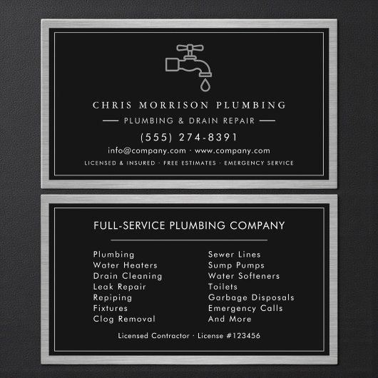 Metallic Plumbing Services Plumber Black Silver  Visitenkarte