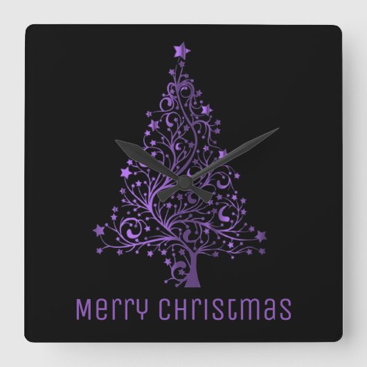 Metallic Purple Stars Christmas Tree Elegant Black Quadratische Wanduhr (Vorderseite)