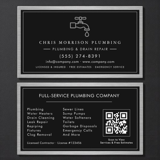 Metallic QR Code Plumbing Services Black Silver  Visitenkarte