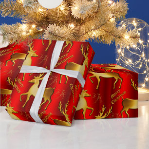 Metallic Rot und Golden Rentier Weihnachten Geschenkpapier