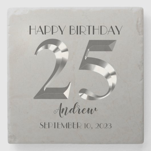 Metallic Silver 25. Geburtstag Platz Steinuntersetzer (Vorderseite)