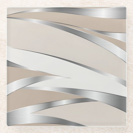 Metallic Silver and Beige Abstract Glasuntersetzer (Vorderseite)